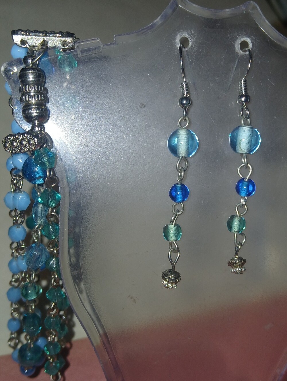 Hand Crafted Blue Beaded Dangle Earrings and Multi-Strand Bracelet Set